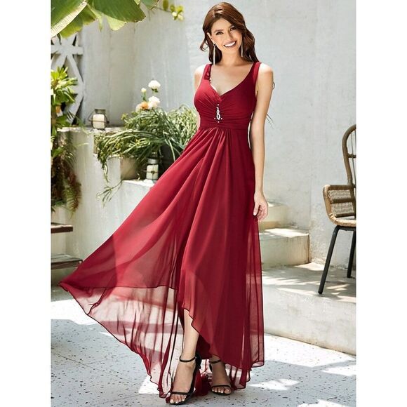 Ever Pretty V-Neck High Low Chiffon Evening Party Dress Size US 6 Burgundy - Picture 1 of 14
